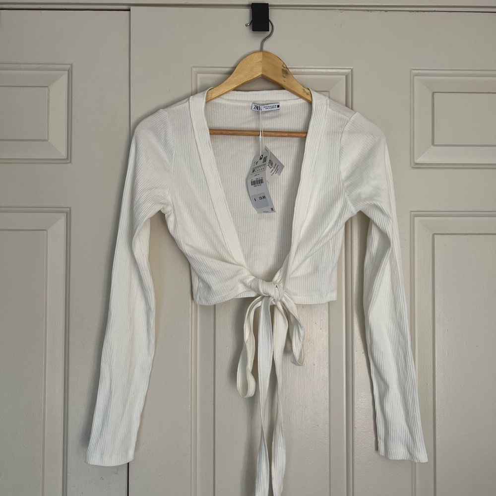 Zara cropped long sleeve tie-front top